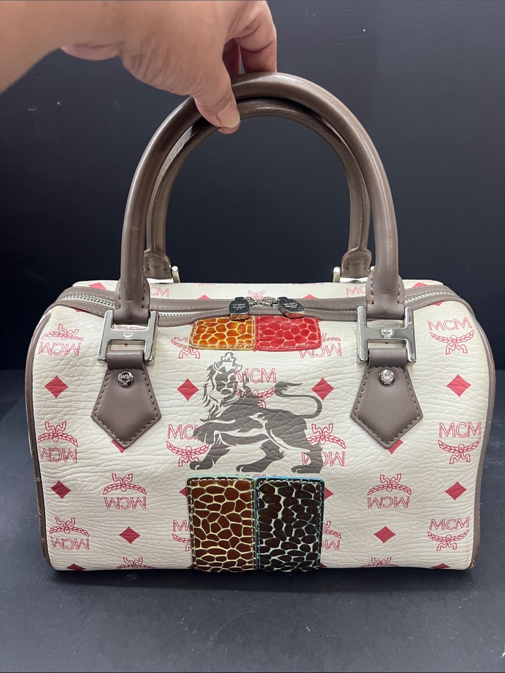 MCM White Visetos Satchel with Brown Trim and Multicolor Patch Accents